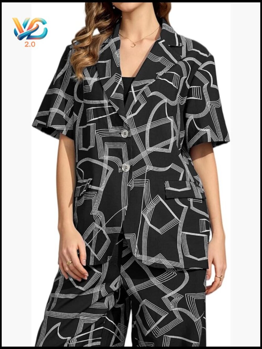 Short Sleeve V-Neck Blazer Geometric Print Rayon Nylon Business Casual